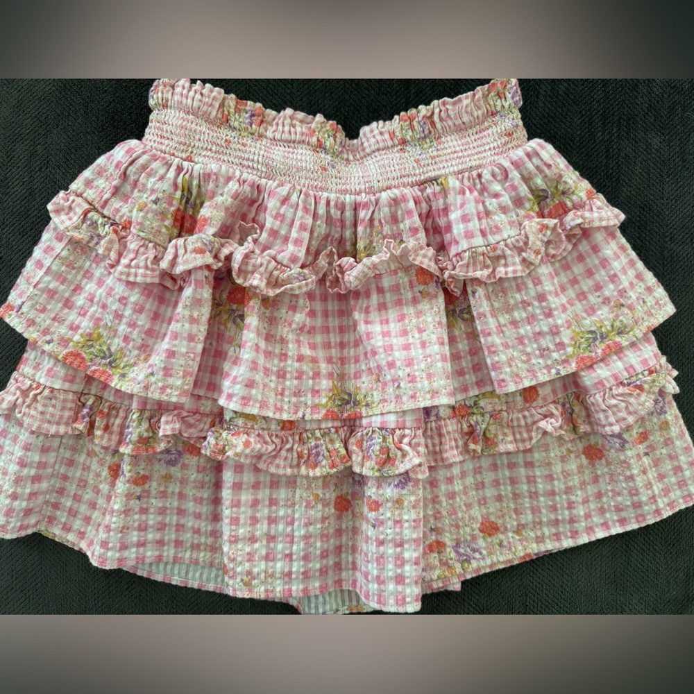 LoveShackFancy Pink and White checkered floral skirt kids size 8-9
